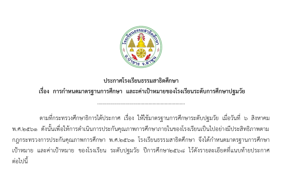 การกำหนดมาตรฐานการศึกษา และค่าเป้าหมายของโรงเรียนระดับการศึกษาปฐมวัย 2568